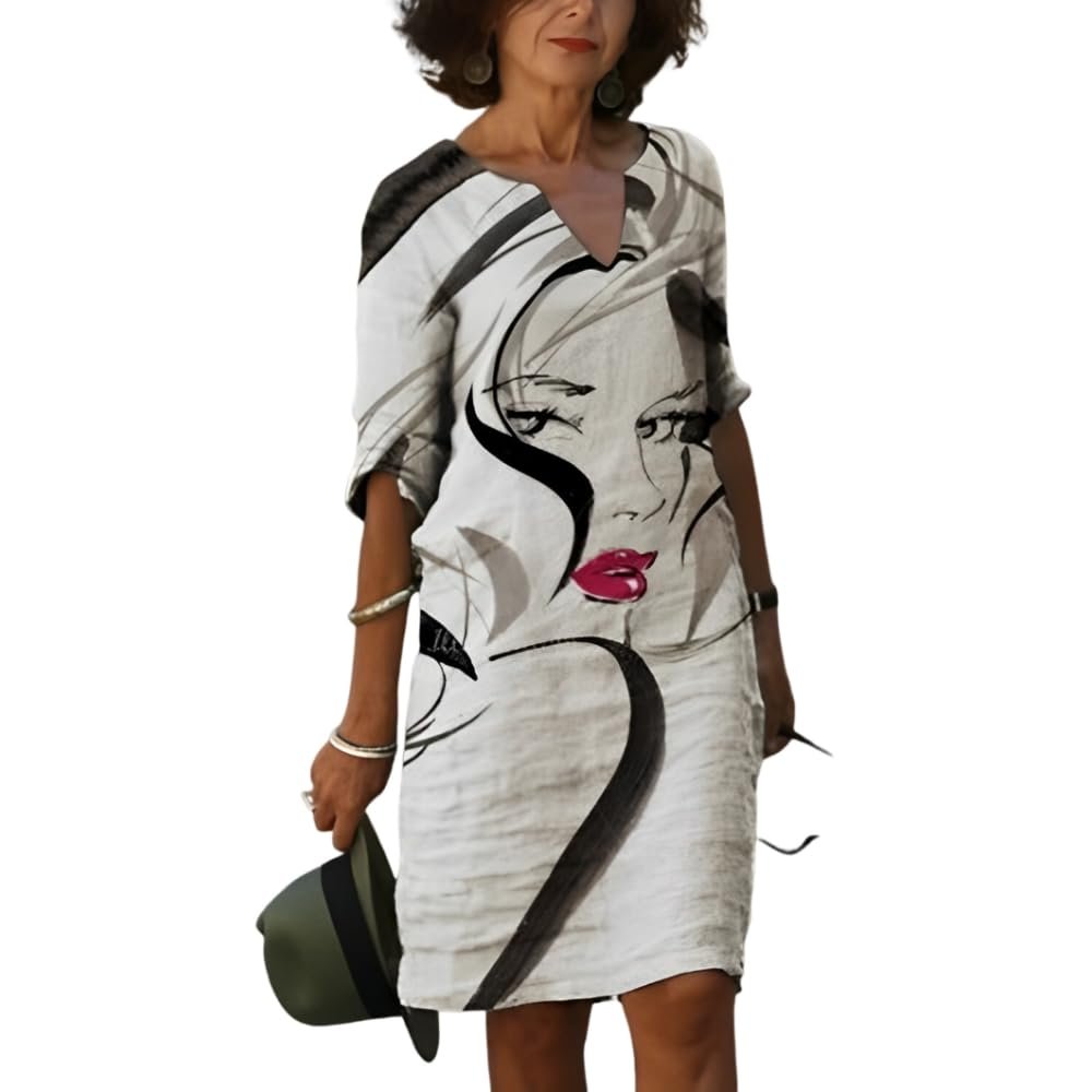 Akivide Women's Summer Boho Linen Floral Print Midi Dress V Neck Short Sleeve Classic Beach Tshirt Dresses for Women