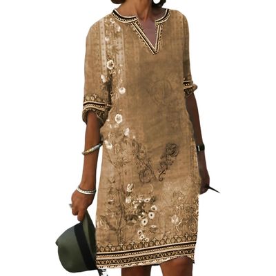 Akivide Women's Summer Boho Linen Floral Print Midi Dress V Neck Short Sleeve Classic Beach Tshirt Dresses for Women