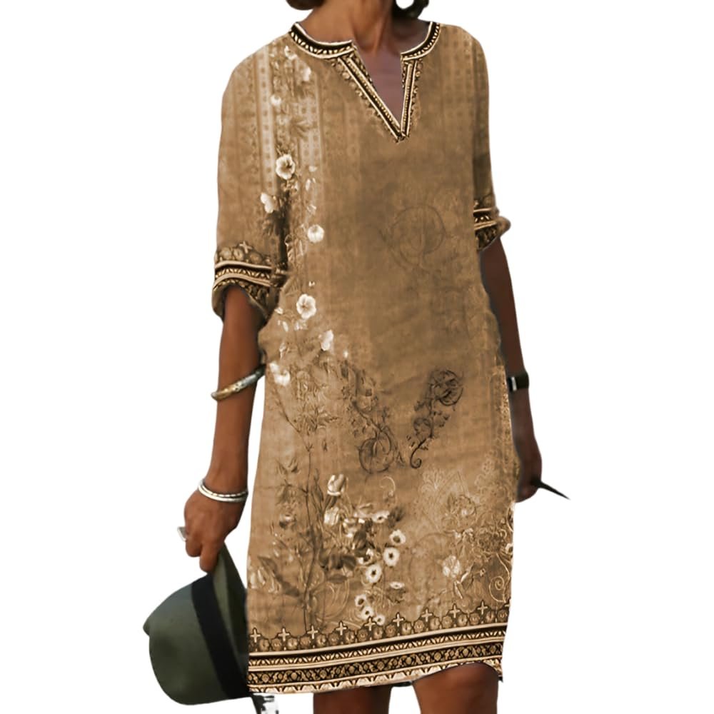 Akivide Women's Summer Boho Linen Floral Print Midi Dress V Neck Short Sleeve Classic Beach Tshirt Dresses for Women