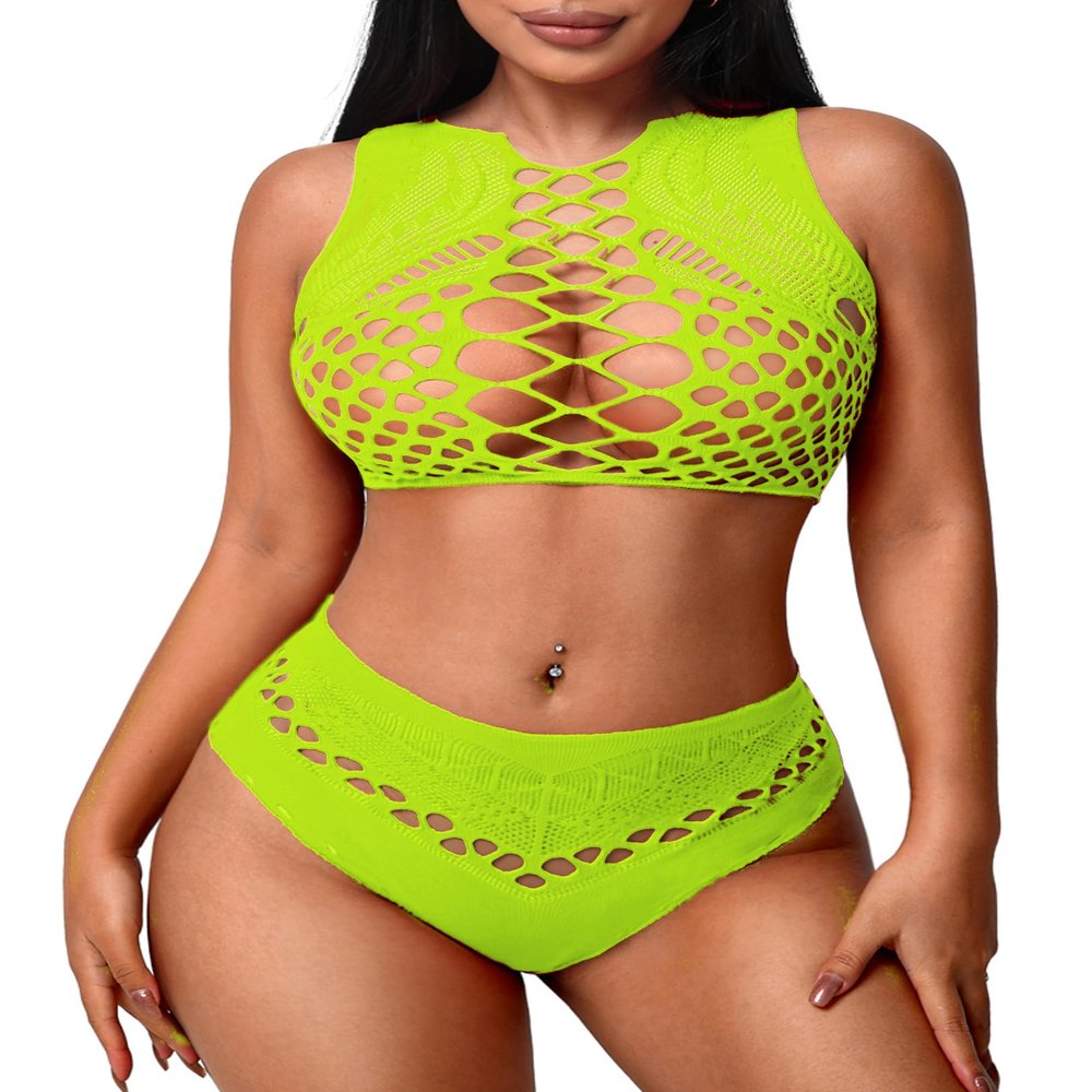 Avidlove Women's Fishnet Lingerie Sets Two Piece Lingerie Sets Mesh Bra and Panty Sets Lemon Green