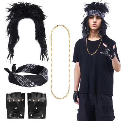 Lystaii 1980s Rock Wigs Party Accessories Long Rocker Wig for Men Rockstar Accessories Punk Accessories with 80s Rockstar Wigs Headbands Leather Gloves Necklace