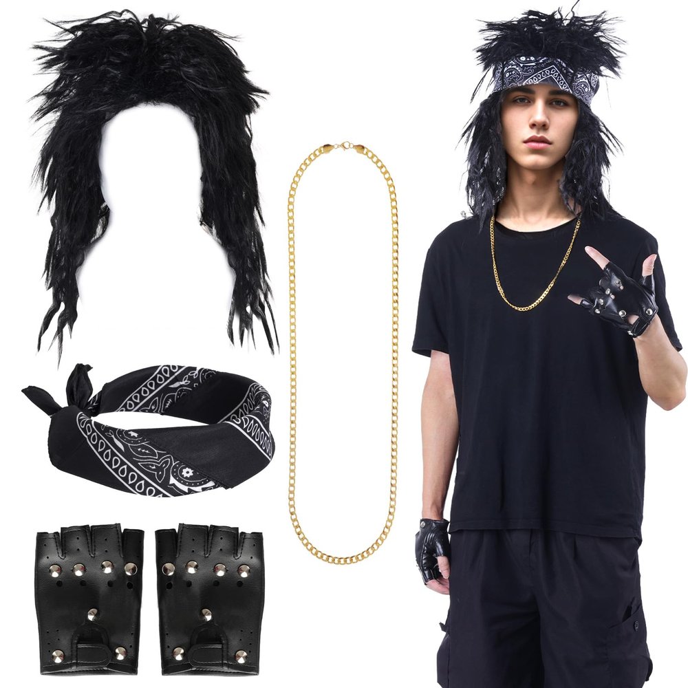 Lystaii 1980s Rock Wigs Party Accessories Long Rocker Wig for Men Rockstar Accessories Punk Accessories with 80s Rockstar Wigs Headbands Leather Gloves Necklace
