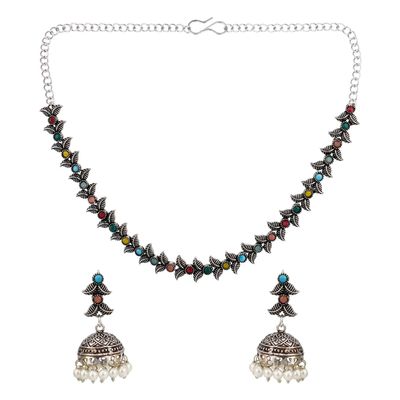 Efulgenz Indian Jewelry Sets for Women Crystal Stone Necklace Sets with Faux Pearl Drop Jhumki Jhumka Dangle Earrings Choker Necklace Earrings Set Bohemian Jewelry Set for Women (Multi)