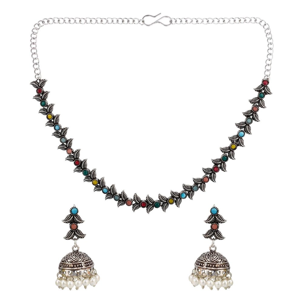 Efulgenz Indian Jewelry Sets for Women Crystal Stone Necklace Sets with Faux Pearl Drop Jhumki Jhumka Dangle Earrings Choker Necklace Earrings Set Bohemian Jewelry Set for Women (Multi)