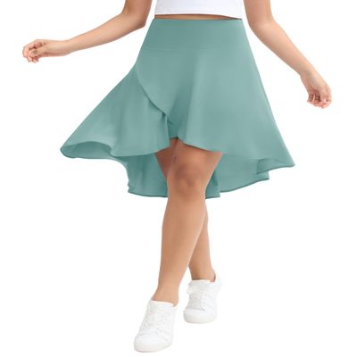 Origiwish Women's High Waist Flowy Midi Skirts Asymmetric Ruffle Hem High Low Skorts with Built-in Shorts Light Blue Green