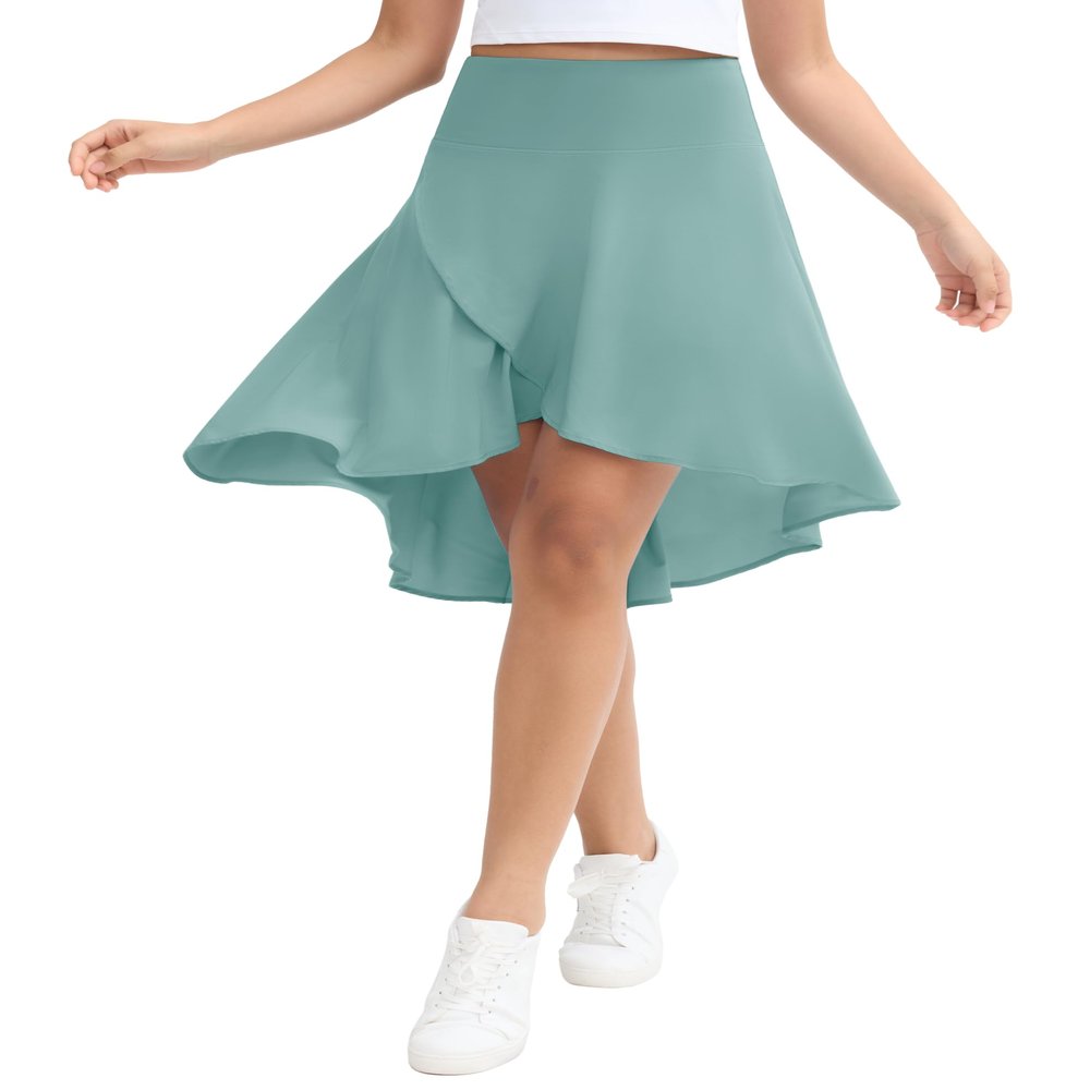 Origiwish Women's High Waist Flowy Midi Skirts Asymmetric Ruffle Hem High Low Skorts with Built-in Shorts Light Blue Green