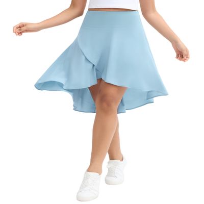 Origiwish Women's High Waist Flowy Midi Skirts Asymmetric Ruffle Hem High Low Skorts with Built-in Shorts Ice Blue