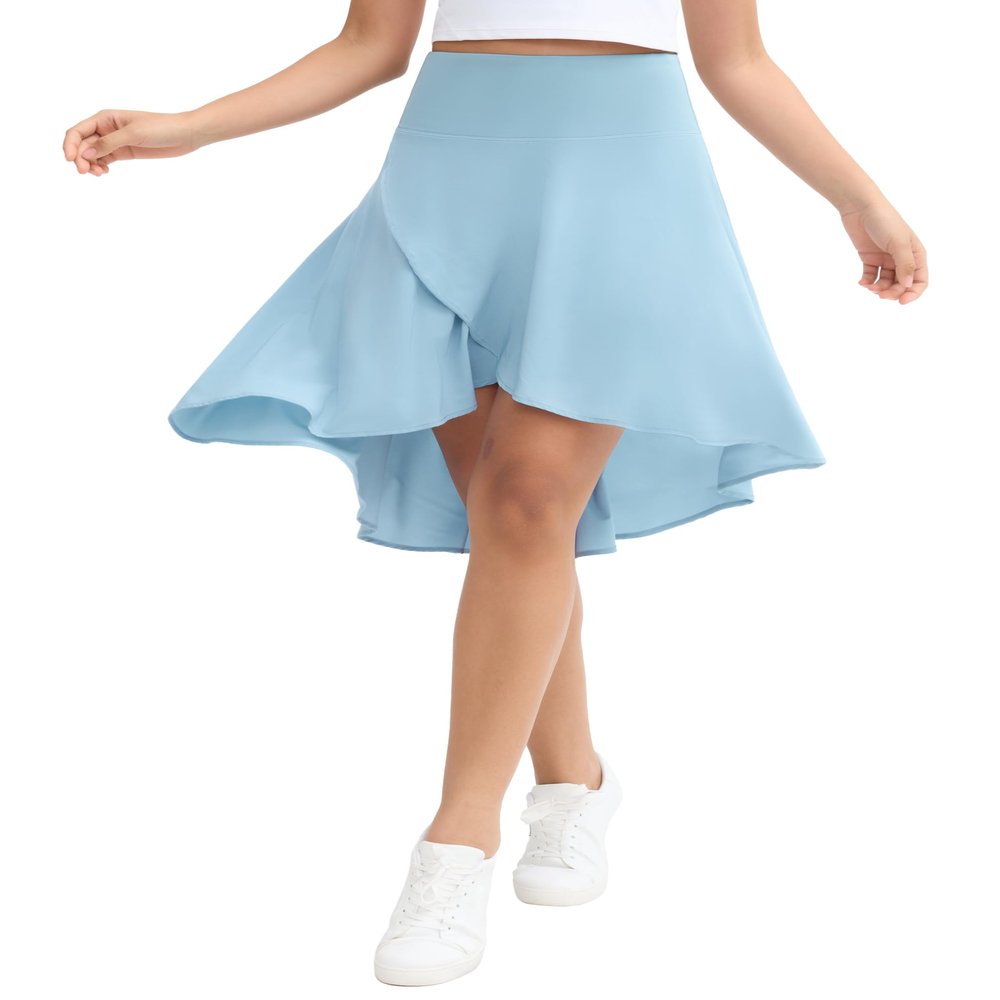 Origiwish Women's High Waist Flowy Midi Skirts Asymmetric Ruffle Hem High Low Skorts with Built-in Shorts Ice Blue