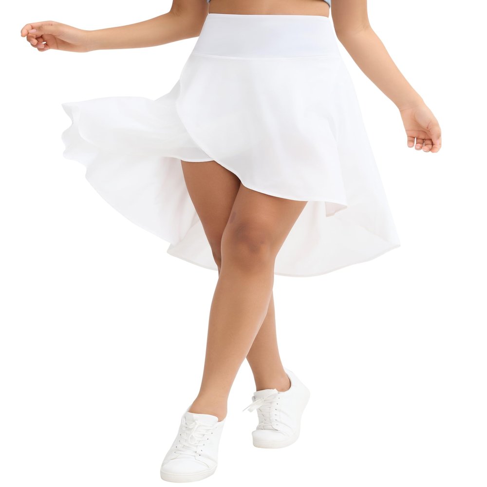 Origiwish Women's High Waist Flowy Midi Skirts Asymmetric Ruffle Hem High Low Skorts with Built-in Shorts White