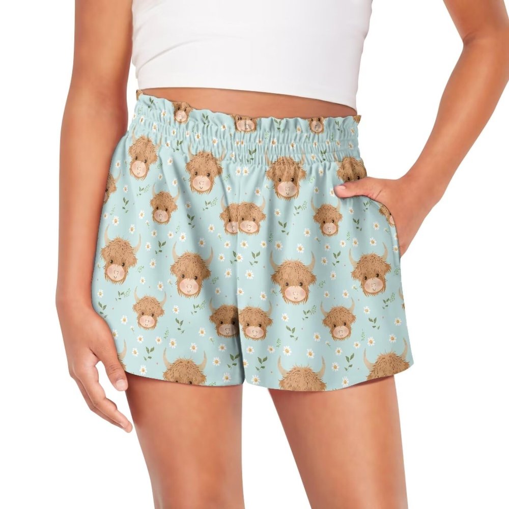 SCRAWLGOD Highland Cow Shorts for Girls 5-6 Floral Girls Athletic Shorts with Pockets Cattle High Waist Butterfly 2 in 1 Sports Shorts for Toddler Kids Summer Flowy Running Shorts Gym Yoga