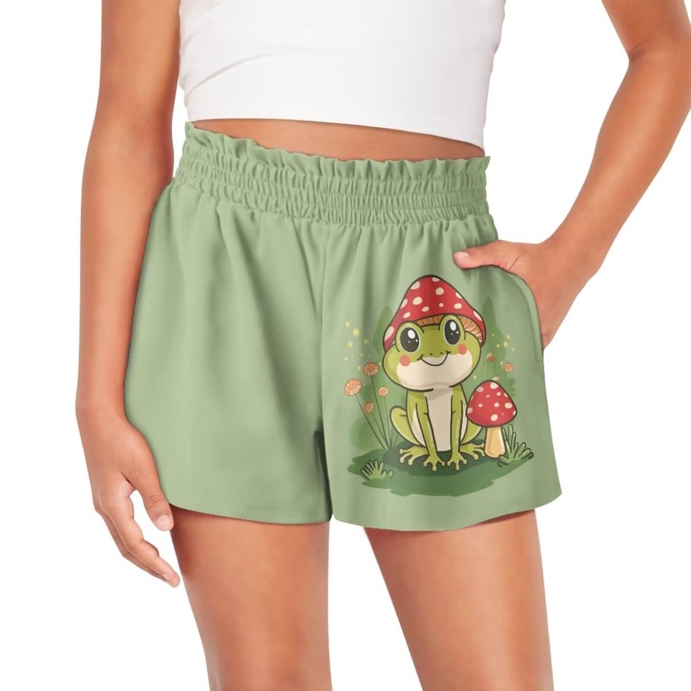 SCRAWLGOD Mushrooms Frog Shorts for Girls 12-14 Kids Summer Athletic Running Shorts Casual Elastic Waist Butterfly 2 in 1 Sports Shorts with Pockets Breathable Girls Butterfly Shorts with Liner