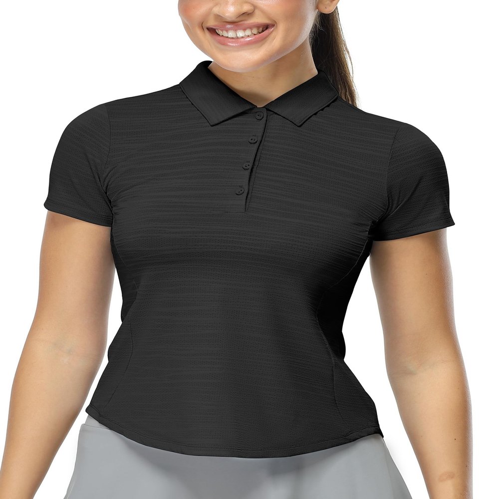 icyzone Women's Slim Fit Golf Polo Shirts Collared Short Sleeve Workout Shirt Tennis Exercise T-Shirts (Black, S)
