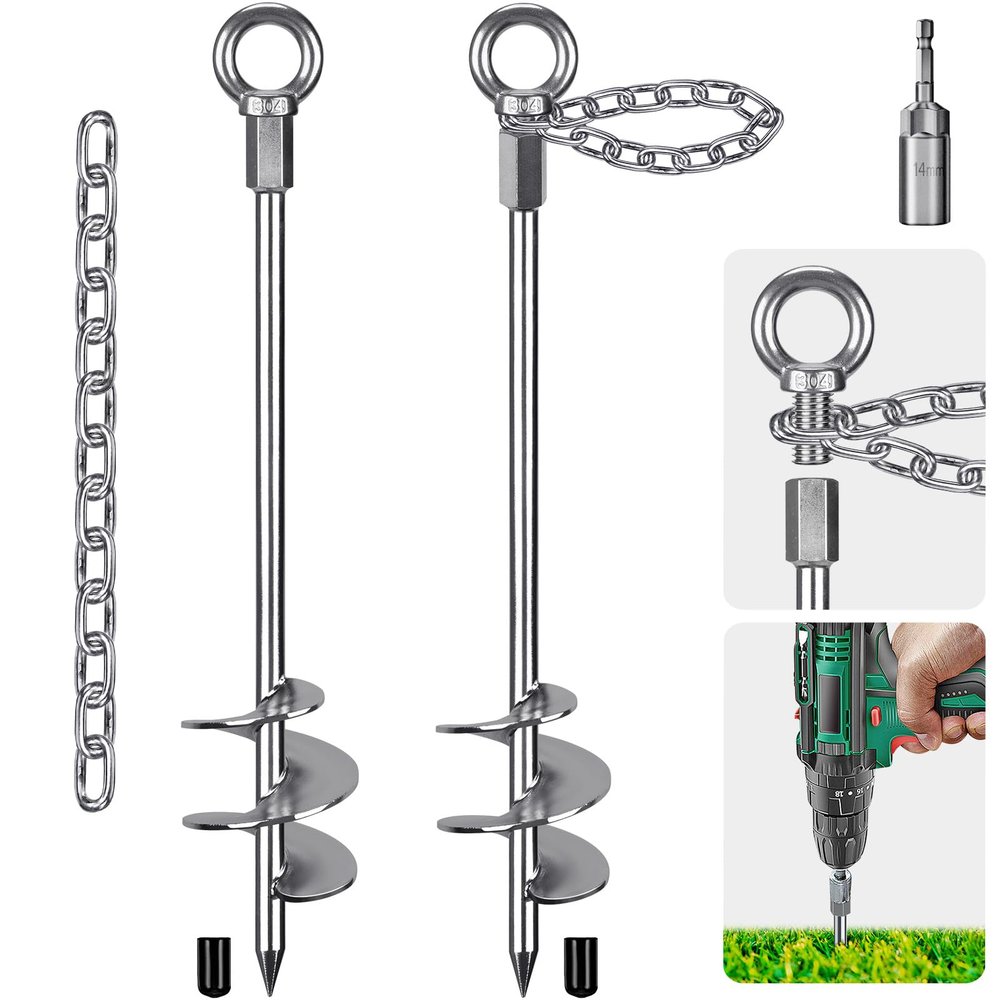 Insaga 17.5'' Fully Welded Ground Anchors with Chain, 3'' Wider Spiral Trampoline Anchors, 2pcs Mobile Home Anchors, Heavy Duty Earth Anchors for Sheds, Swing Sets, Canopies, Carports