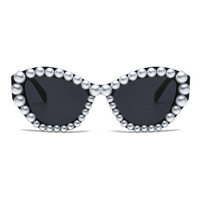 COTIA Fashion Cat Eye Luxury Pearl Sunglasses for Womens Sexy Cateye Irregular Handmade Cute Bling Pearl Sun Glasses W35 (black)