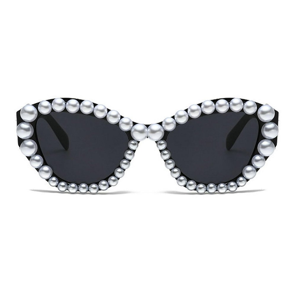 COTIA Fashion Cat Eye Luxury Pearl Sunglasses for Womens Sexy Cateye Irregular Handmade Cute Bling Pearl Sun Glasses W35 (black)