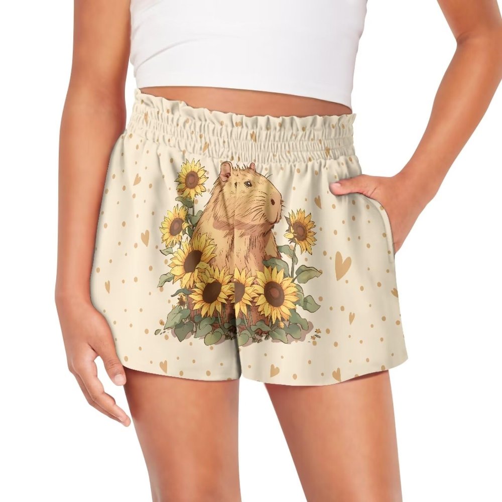 Pointodoor Guinea Pig Girl Athletic Ruffle Shorts Cute Summer Shorts for Girls 13-14 Sunflower High Waisted Yoga Dance Shorts Comfy Workout Gymnastics Shorts
