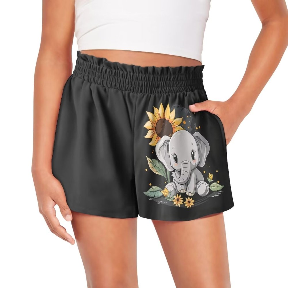 SCRAWLGOD Elephant Shorts for Girls 6-12 Month Sunflower Kids Casual Flowy Running Shorts Black Summer High Waist Athletic Shorts with Pockets and Breathable Liner Quick Dry Butterfly Shorts