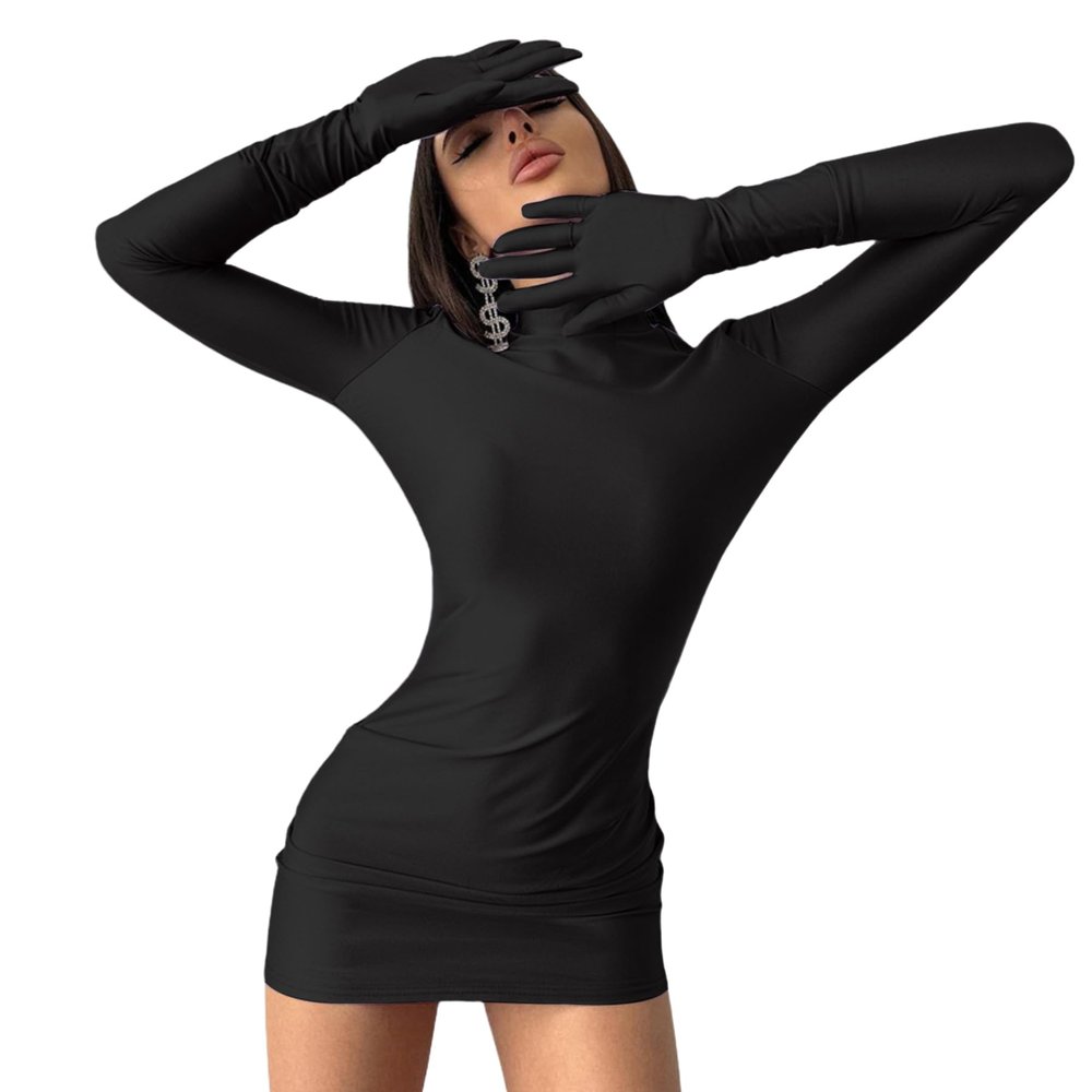 Caviotess Women's Sexy Turtleneck Mini Dress with Gloves Long Sleeve Bodycon Dress Party Festival Outfit Clubwear Black