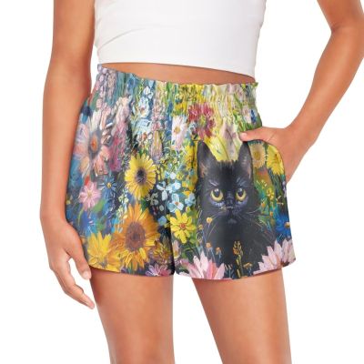 SCRAWLGOD Black Cat Shorts for Girls 5-6 Flower Summer Active Athletic Shorts for Toddler Girls Flowy Running Shorts Casual School Gym Butterfly Shorts High Waist Kids Cheer Shorts with Pocket