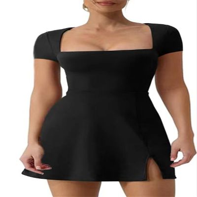 FLASHWIST Womens Square Neck Tennis Dress Side Slit Casual Mini Dress Stretchy A Line Dresses Women's Athletic Tennis Dress (Black,XL), X-Large