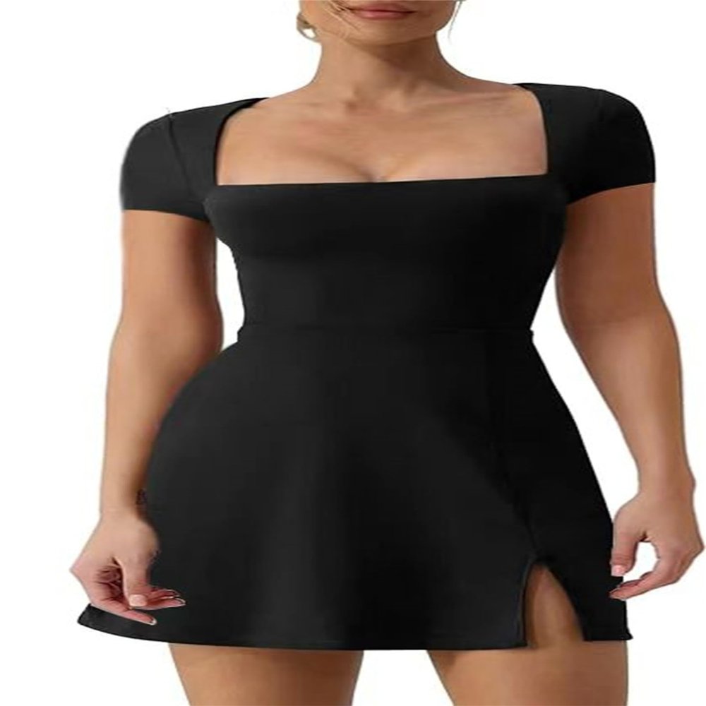 FLASHWIST Womens Square Neck Tennis Dress Side Slit Casual Mini Dress Stretchy A Line Dresses Women's Athletic Tennis Dress (Black,XL), X-Large