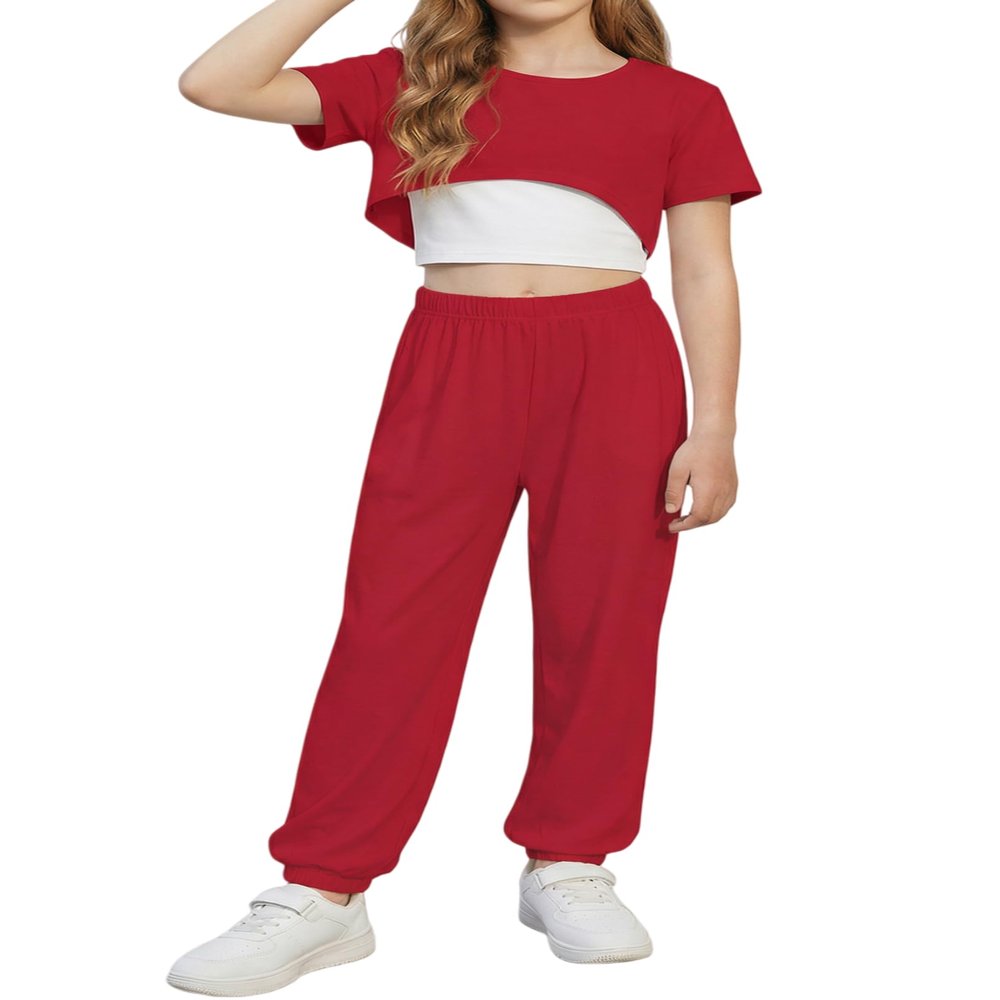 Arshiner Girls Comfortable 3 Piece Set Short Sleeve Overlay Top, Cami, and Sweatpants for 6-13 Years Old