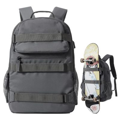 Skateboard Backpack, Large Skateboard Bag for Men and Women Laptop Bag with USB Port, for Skateboarding, College, Travel (Grey)
