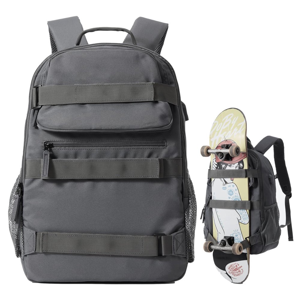 Skateboard Backpack, Large Skateboard Bag for Men and Women Laptop Bag with USB Port, for Skateboarding, College, Travel (Grey)