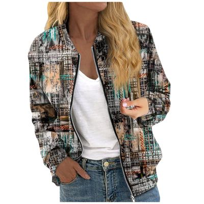 RODYETQQ Gifts for Women dressy floral Jackets Zip Up Casual Coat Lightweight Fall and Winter Jacket Bomber Jacket for Women with Zipper Womens Bomber Jacket Dressy(4-Gray,Medium)