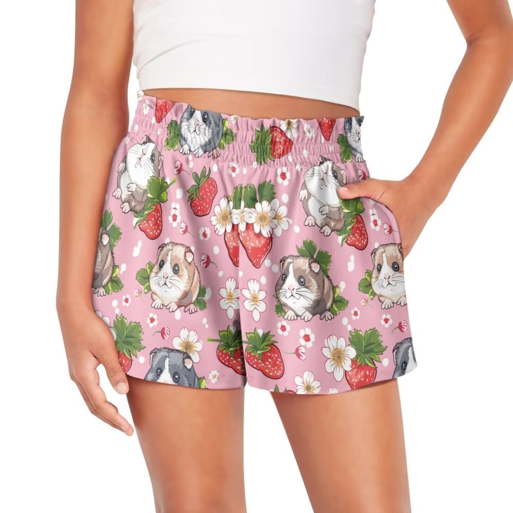 SCRAWLGOD Guinea Pig Shorts for Girls 1T-2T Strawberry Toddler Girls Flowy Shorts with Spandex Liner Flower 2 in 1 Athletic Running Shorts with Pockets Kids Butterfly Skorts Quick Dry Summer