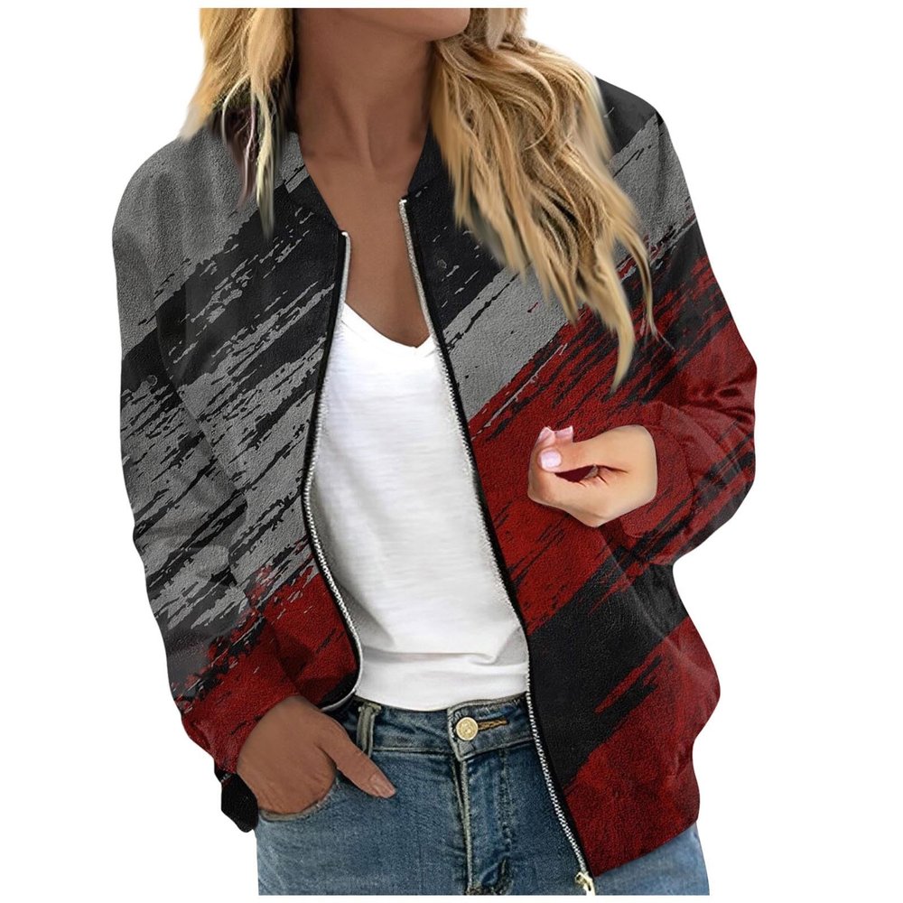 RODYETQQ Bomber Jacket Women Casual Fall Bomber Jacket Stand Collar Windbreaker Lightweight Zip Up Jacket Womens Zip Up Jacket Women's Bomber Jacket Black(2-Wine,XX-Large)