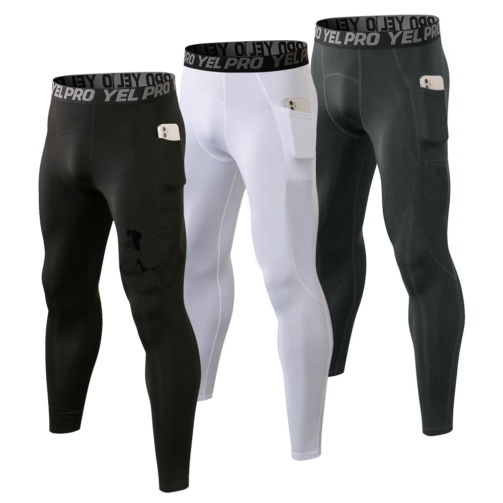Yuerlian Men's Thermal Compression Pants, Fleece Lined Running Tights Compression Baselayer Leggings with Pockets for Cold