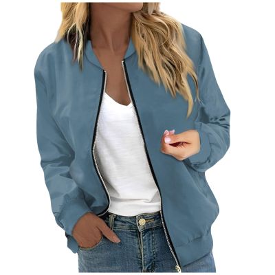 RODYETQQ Bomber Jacket Women dressy floral Casual Windbreaker Stand Collar Fall Coat Zip Up Fall and Winter Outwear Women's Bomber Jacket Black Jackets for Women(1-Light Blue,Medium)