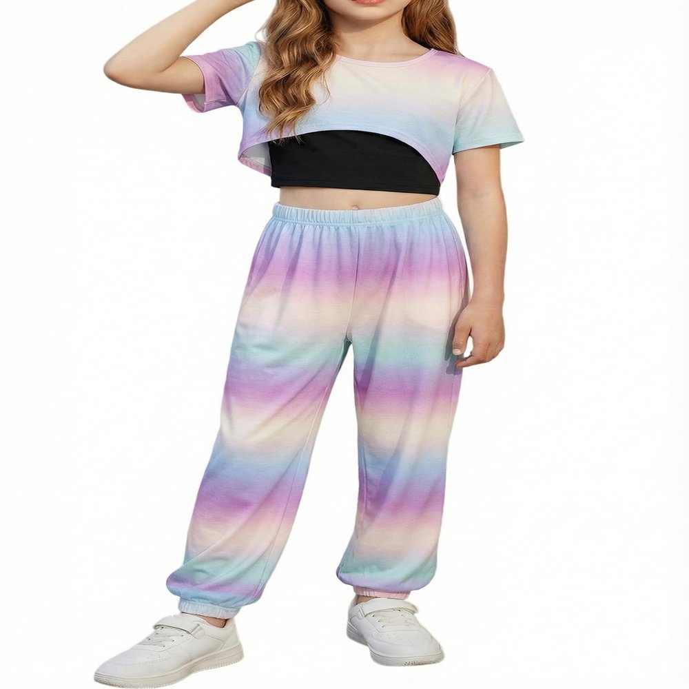 Arshiner Little Girls Apparel Tie-Dye 3 Piece Set Short Sleeve High Low Hem Top & Cami with Sweatpants 6-13 Years
