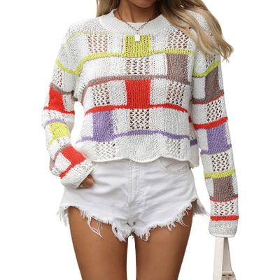 chouyatou Women's Y2k Striped Crochet Sweater Crop Top Boho Plaid Color Block Long Sleeve Sweater Tops (Small, White)