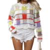chouyatou Women's Y2k Striped Crochet Sweater Crop Top Boho Plaid Color Block Long Sleeve Sweater Tops (Small, White) view 1