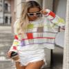 chouyatou Women's Y2k Striped Crochet Sweater Crop Top Boho Plaid Color Block Long Sleeve Sweater Tops (Small, White) view 2