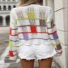 chouyatou Women's Y2k Striped Crochet Sweater Crop Top Boho Plaid Color Block Long Sleeve Sweater Tops (Small, White) view 3