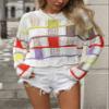 chouyatou Women's Y2k Striped Crochet Sweater Crop Top Boho Plaid Color Block Long Sleeve Sweater Tops (Small, White) view 4
