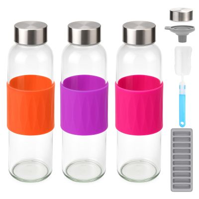 Zukro 18 oz Glass Water Bottles with Lids, 3 Pack Leak Proof Juice Bottles With Stainless Steel Cap for Juicing, Smoothie, Reusable Clear Drinking Jar with Silicone Sleeve for Homemade Beverages