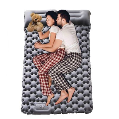 Inflatable Double Camping Mat with Pillow, Build-in Foot Pump Ultralight Sleeping Air Matress Pad for 2 Person, Portable Bed Compact for Camping Hiking Backpacking Outdoor (Grey, Double)