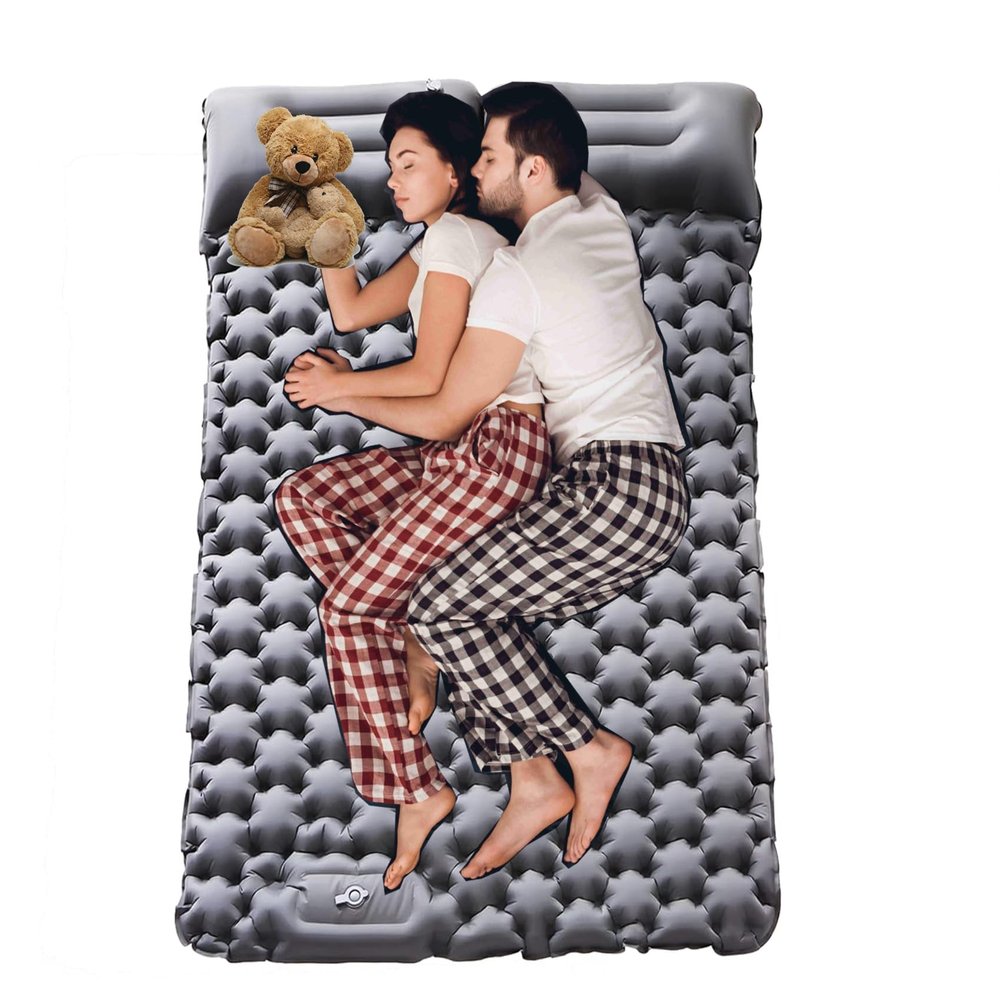 Inflatable Double Camping Mat with Pillow, Build-in Foot Pump Ultralight Sleeping Air Matress Pad for 2 Person, Portable Bed Compact for Camping Hiking Backpacking Outdoor (Grey, Double)