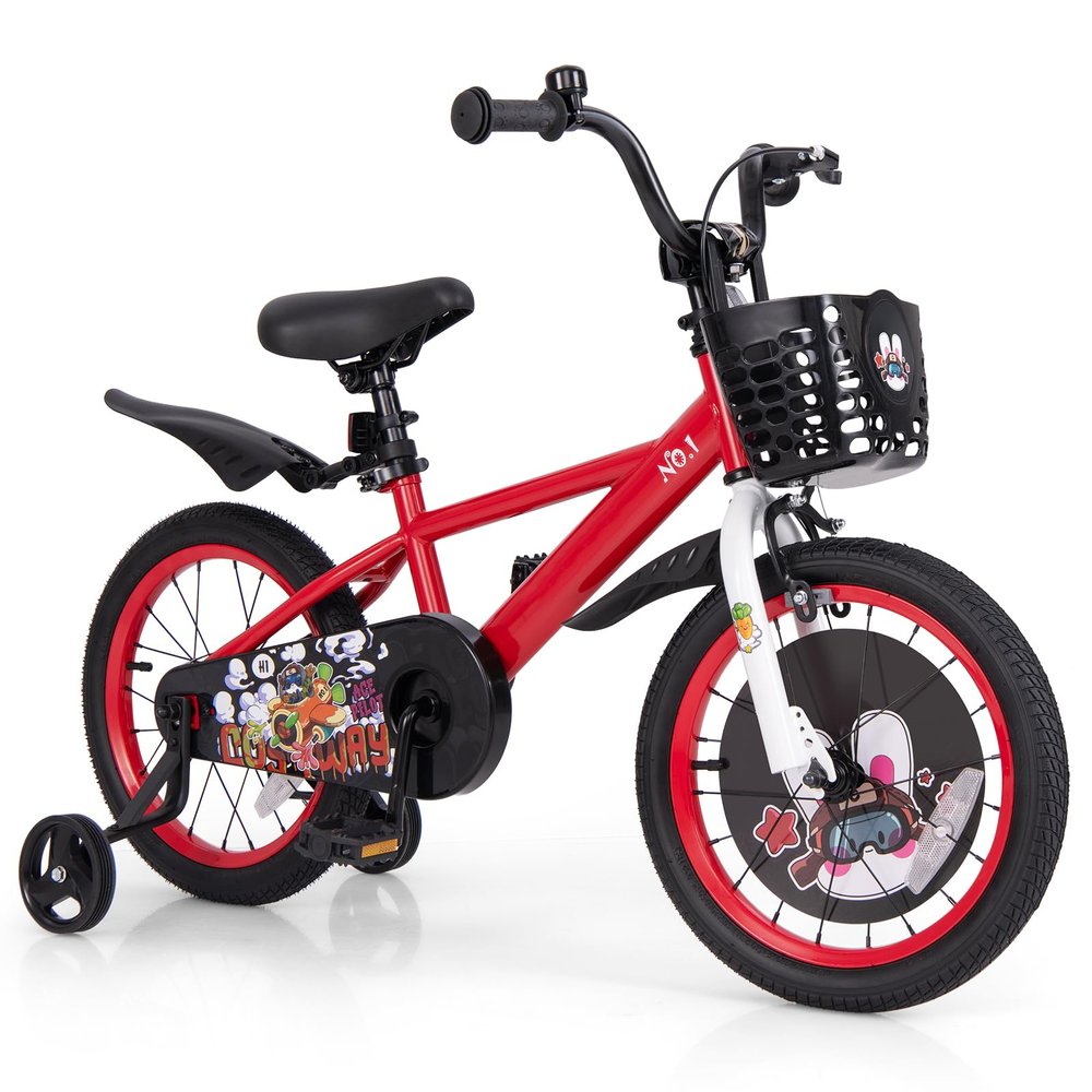 BABY JOY Kids Bike, 16 Inches Child Bike for 4-7 Years Old with Adjustable Height, Training Wheels, Storage Basket, Handbrake & Coaster Brake, Kids Bicycle for Girls Boys (Rabbit Pilot, Red)