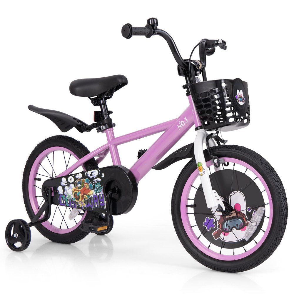 BABY JOY Kids Bike, 16 Inches Child Bike for 4-7 Years Old with Adjustable Height, Training Wheels, Storage Basket, Handbrake & Coaster Brake, Kids Bicycle for Girls Boys (Rabbit Pilot, Purple)