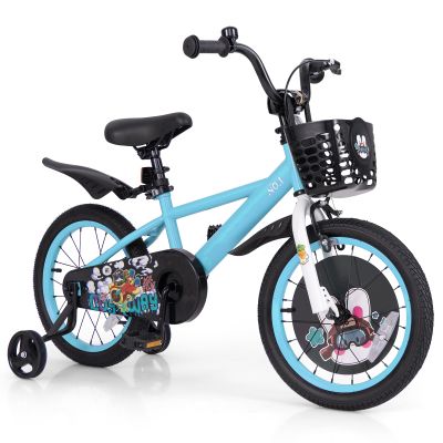 BABY JOY Kids Bike, 16 Inches Child Bike for 4-7 Years Old with Adjustable Height, Training Wheels, Storage Basket, Handbrake & Coaster Brake, Kids Bicycle for Girls Boys (Rabbit Pilot, Blue)