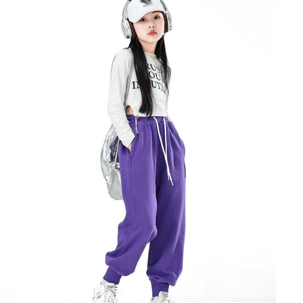 MINI PANDA Girl's Lightweight Drawstring Sweatpants Jogger Pants with Pockets,360 Grams of Soft 100% Cotton Jogging Pants,Medium Thickness Purple