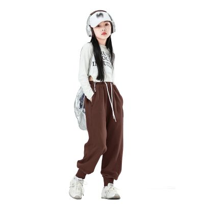 MINI PANDA Girl's Lightweight Drawstring Sweatpants Jogger Pants with Pockets,360 Grams of Soft 100% Cotton Jogging Pants,Medium Thickness Brown