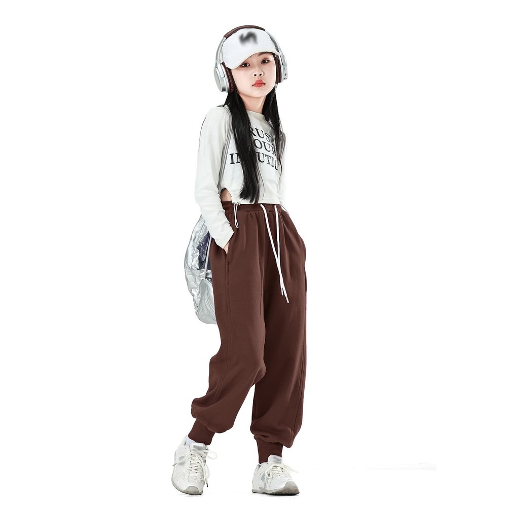 MINI PANDA Girl's Lightweight Drawstring Sweatpants Jogger Pants with Pockets,360 Grams of Soft 100% Cotton Jogging Pants,Medium Thickness Brown