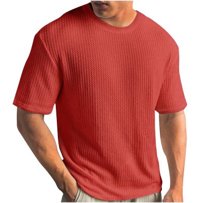 Finelylove Buy Again Orders My Past Orders T Shirts for Man Crochet Knitted T Shirt Crew Neck Short Sleeve Summer Beach Waffle Textured Tops Casual Summer T Shirts for Men Casual Red 2XL