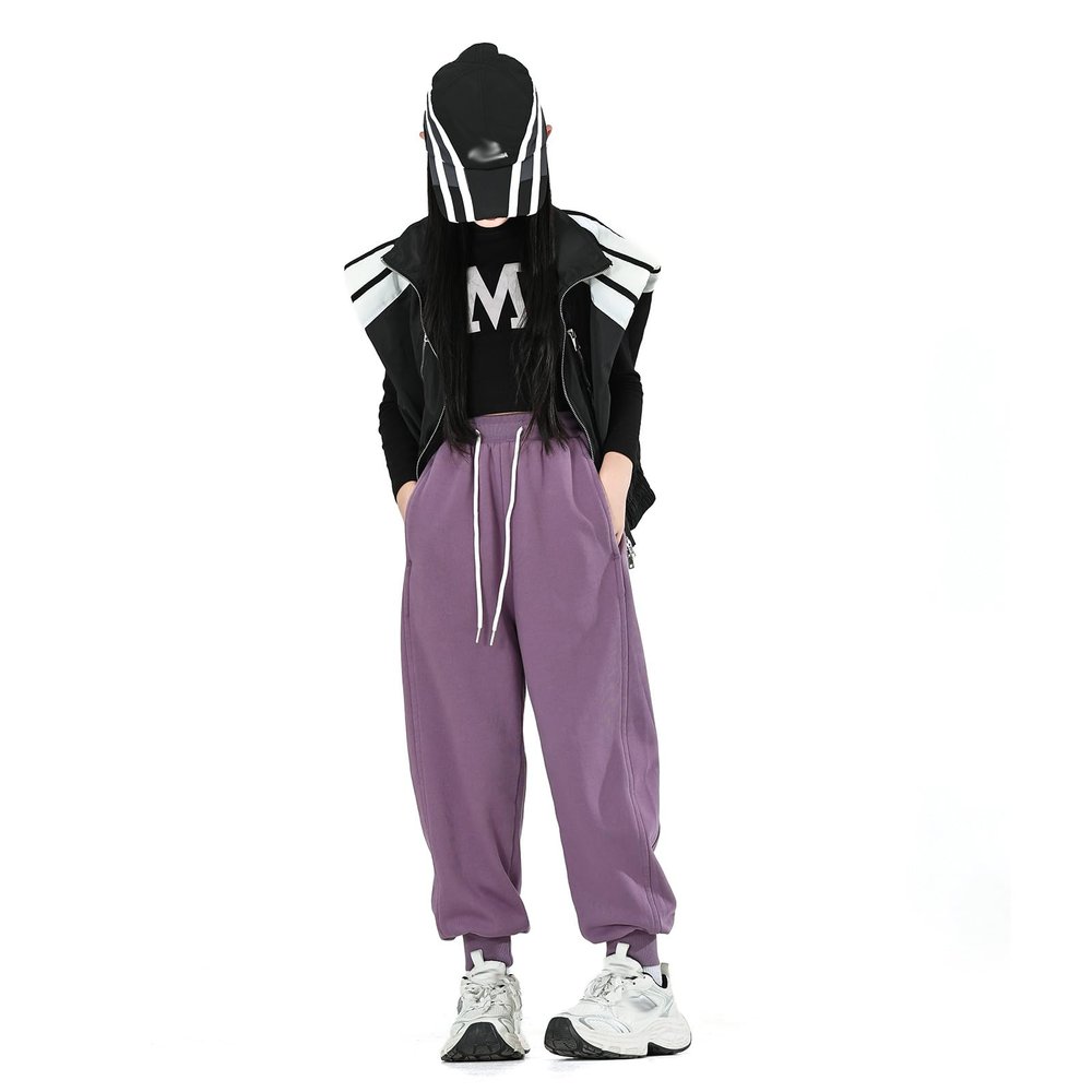 MINI PANDA Girl's Lightweight Drawstring Sweatpants Jogger Pants with Pockets,360 Grams of Soft 100% Cotton Jogging Pants,Medium Thickness Violet